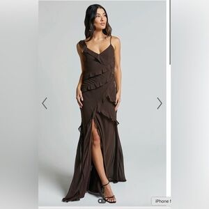 Showpo Nitha Maxi Dress Asymmetrical Frill Dress in Brown